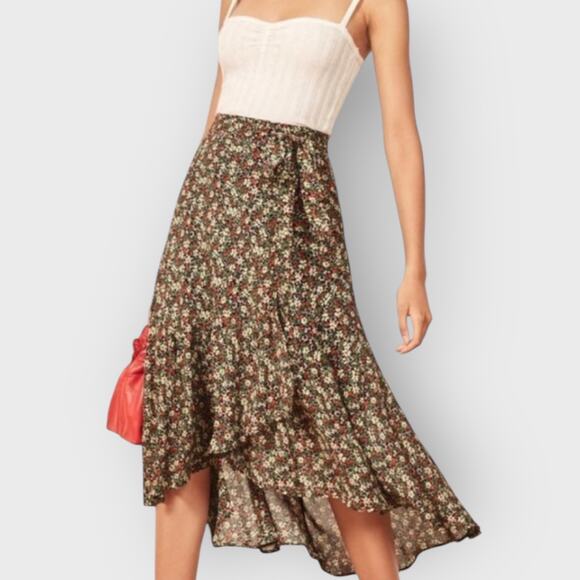 Reformation Annaliese Floral Wrap Midi Skirt | Small Ruffle Asymmetrical Ditsy - Picture 2 of 6